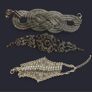 Silver Trio Bracelet Set Boho Mesh Knot Filigree & Geometric Stackable OS